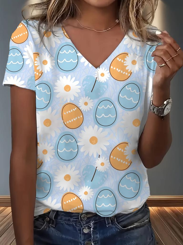 New summer new print casual v-neck T-shirt trendy creative elements suitable for casual T-shirts