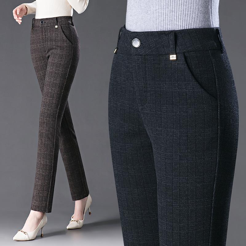 High-Waisted Wool Plaid Slimming Pants for Autumn/Winter 2024 - Straight-Leg, Slim-Fit, Casual Wear for Middle-Aged Women.