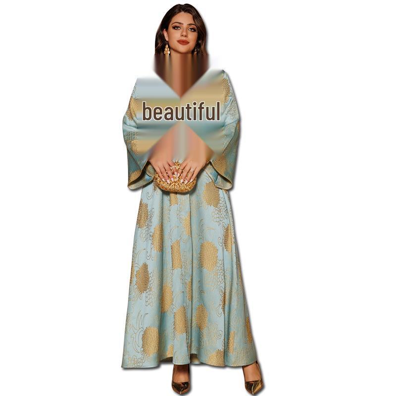 AB402 V-Neck Jacquard Beaded Dubai Dress - Women's Middle Eastern Muslim Robe