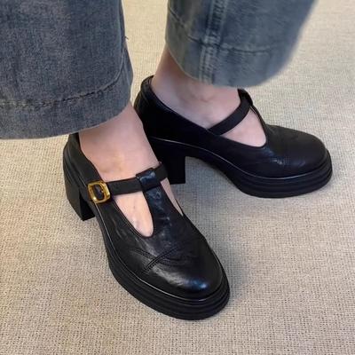 Sheepskin Version~ Platform Thick Heel Retro Small Leather Shoes Women's Genuine Leather Loafers Round Head Single Shoes Mary Jane Shoes