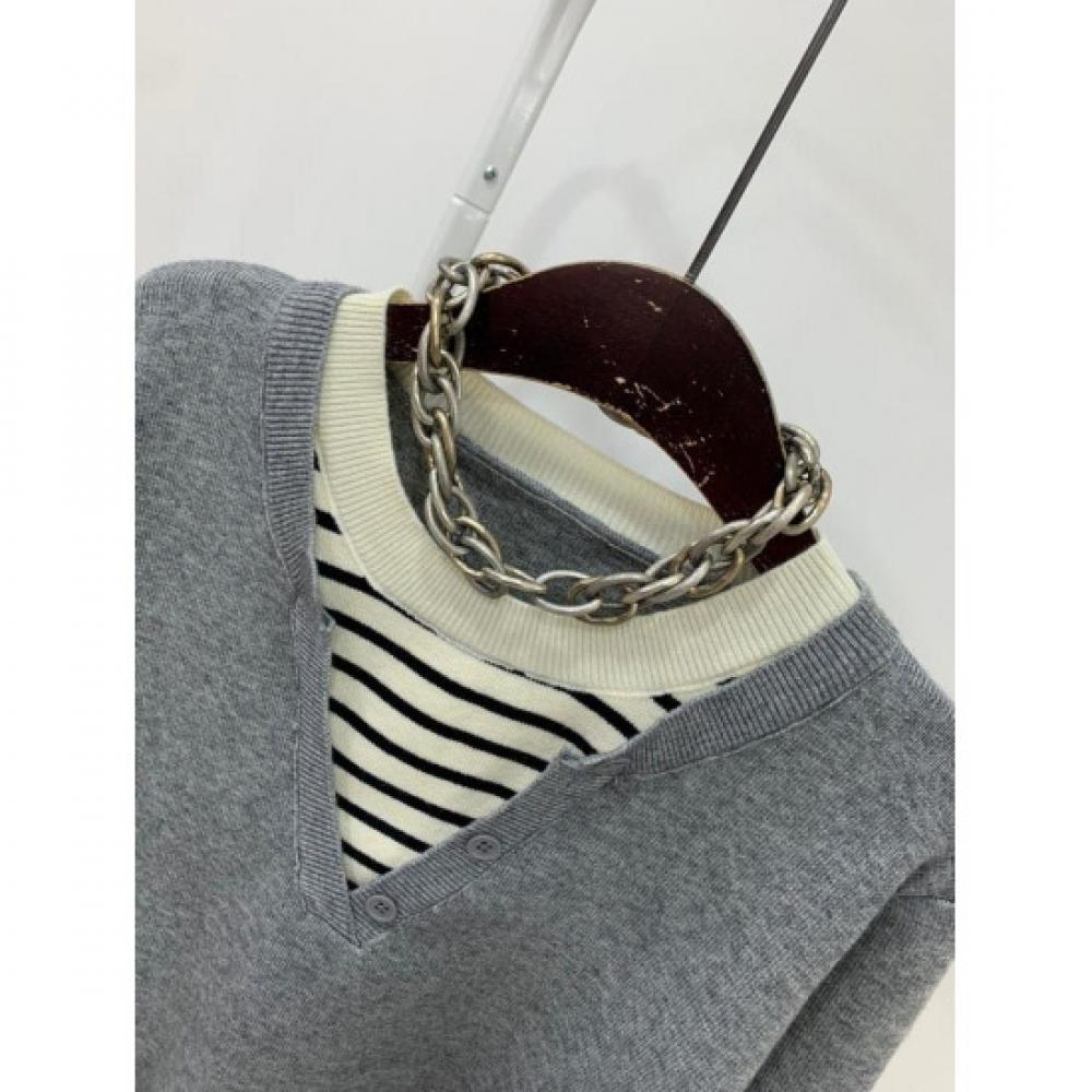 C S In The Room Sao Stripe Layered V neCk Button Long SleeVe Knit 2Color C