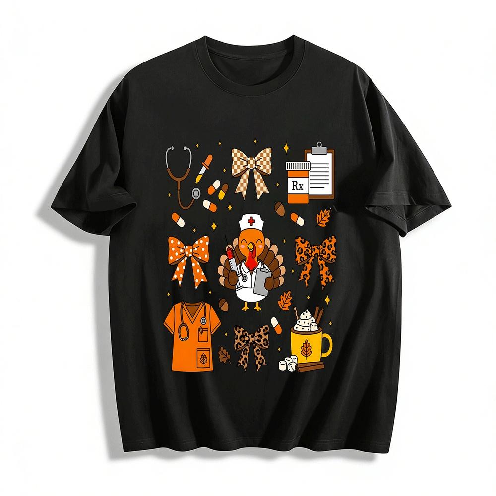 Fall Nurse Turkey Print Top Thanksgiving Medical Worker Casual Tee Pure cotton T-shirt XXS
