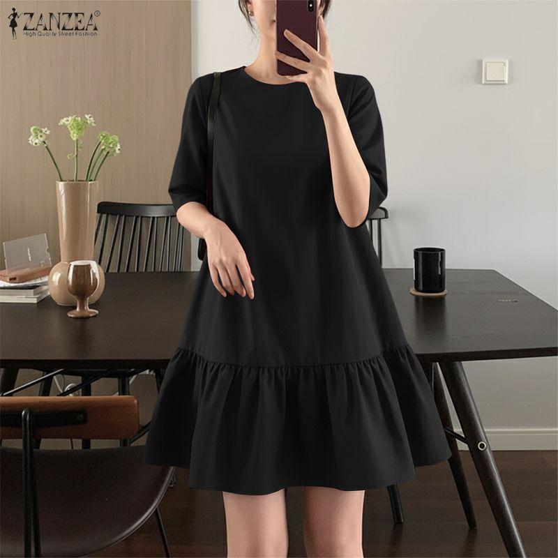 ZANZEA Women Casual Round Neck Solid Color Half Sleeve Dress
