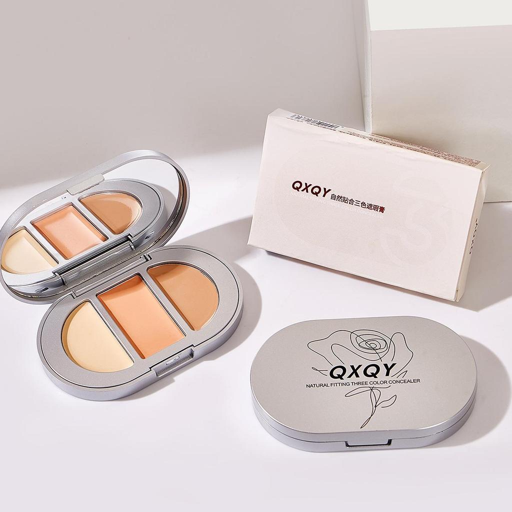 QXQY Natural Fit Tri-Color Concealer Stereoscopic Concealer Dark Circles Brighten Tear Troughs Salmon Color
