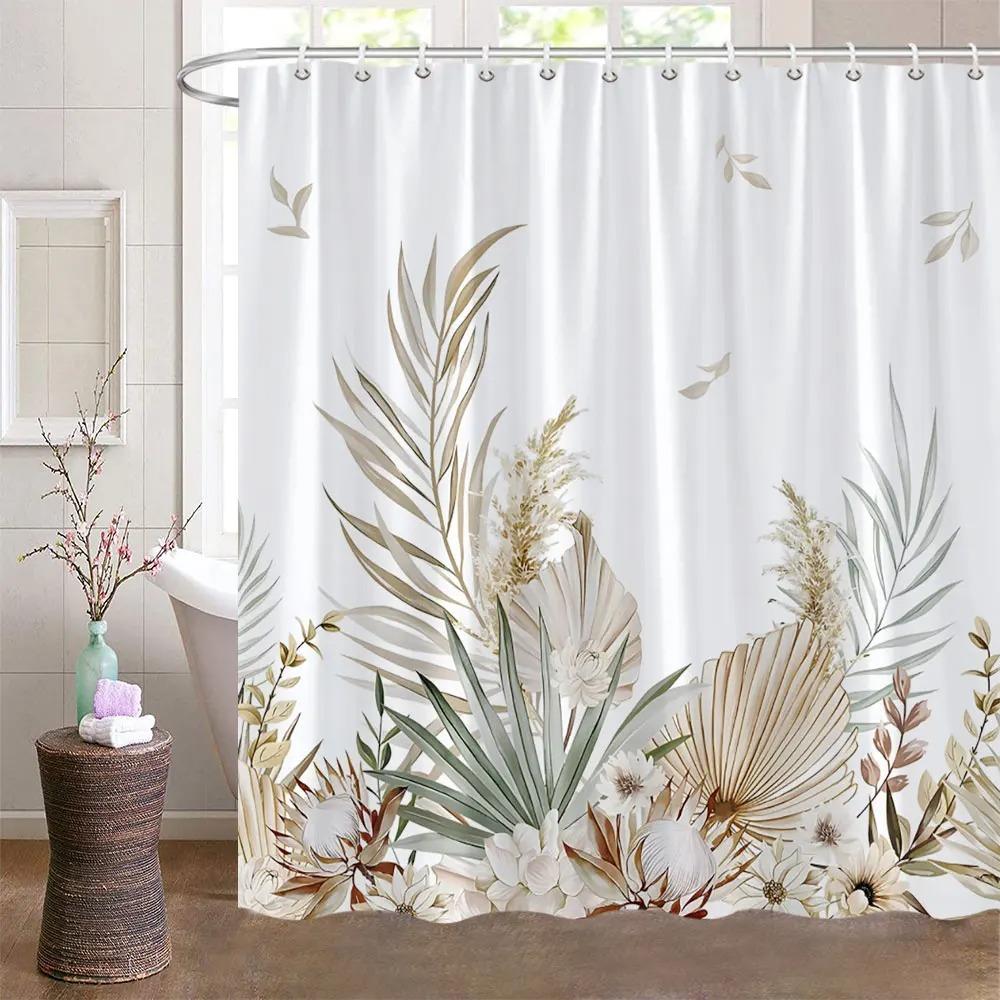 Boho Leaves Shower Curtain Tan Leaf With Floral Decorative Bath Curtain Polyester Fabric Waterproof Bathroom Curtain With Hooks