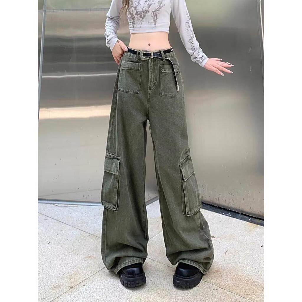 Women's High Waist Retro Military Green Wide-Leg Denim Pants, Plus Size, Autumn/Winter.