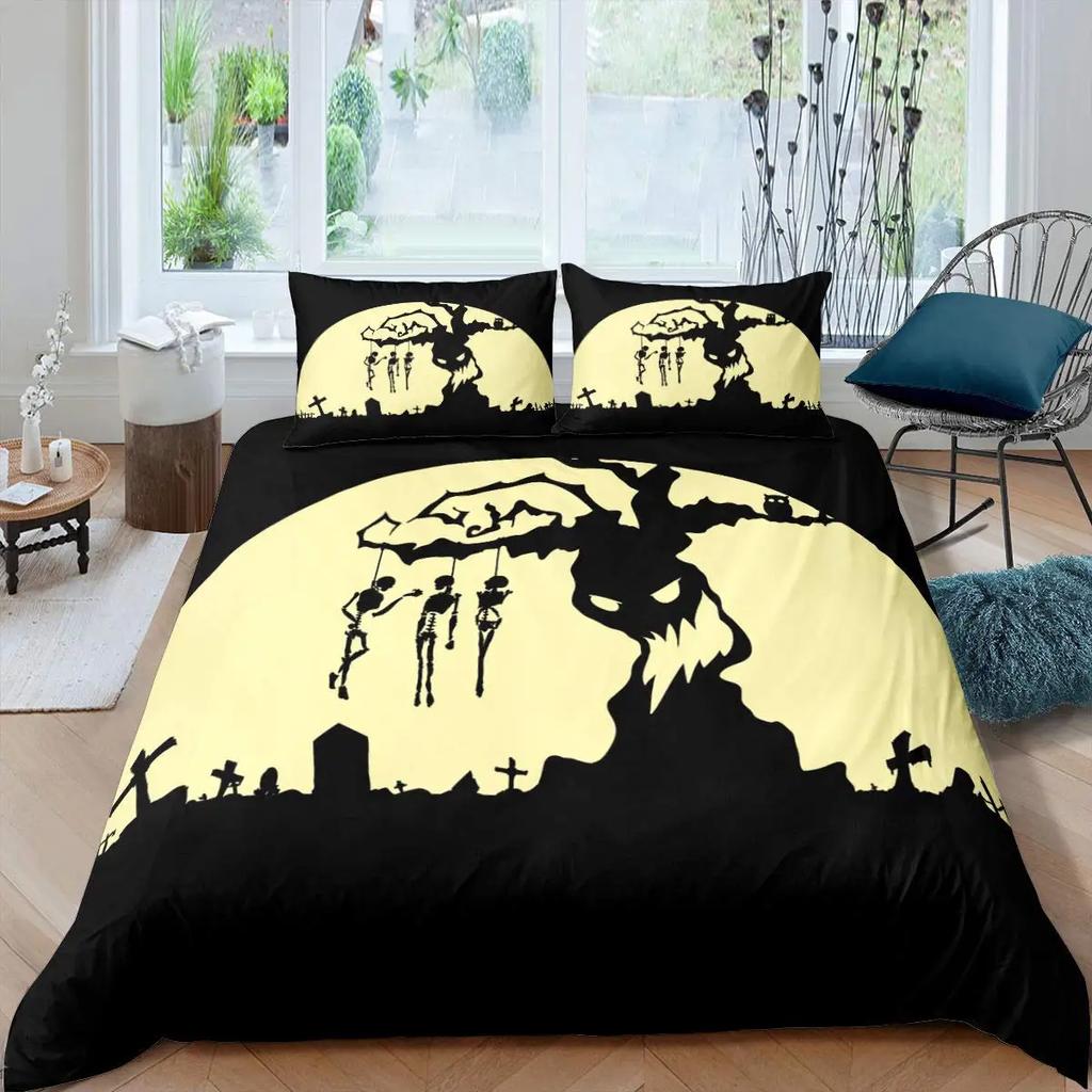 Happy Halloween Spider Web Bats 3D Print Bedding Set Cozy Soft Duvet Cover King Queen Twin Size for Halloween Bedroom Decoration
