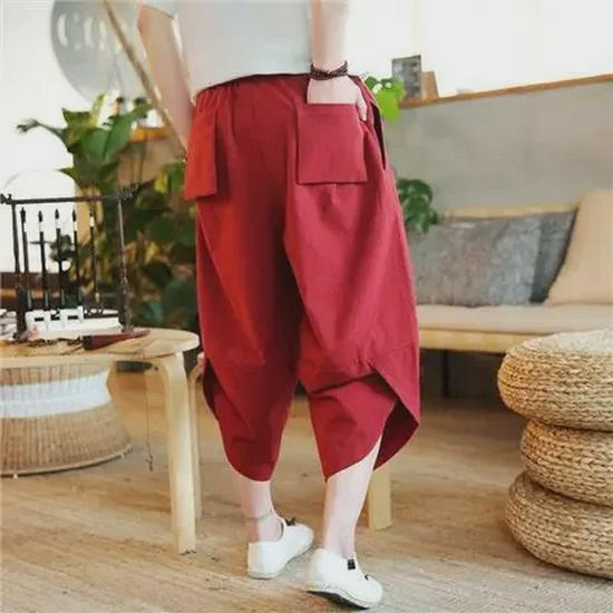 Men's Loose Fit 7-Point Linen Beach Pants - Thai Wide Leg, Casual Chinese Style Harem Pants Trends