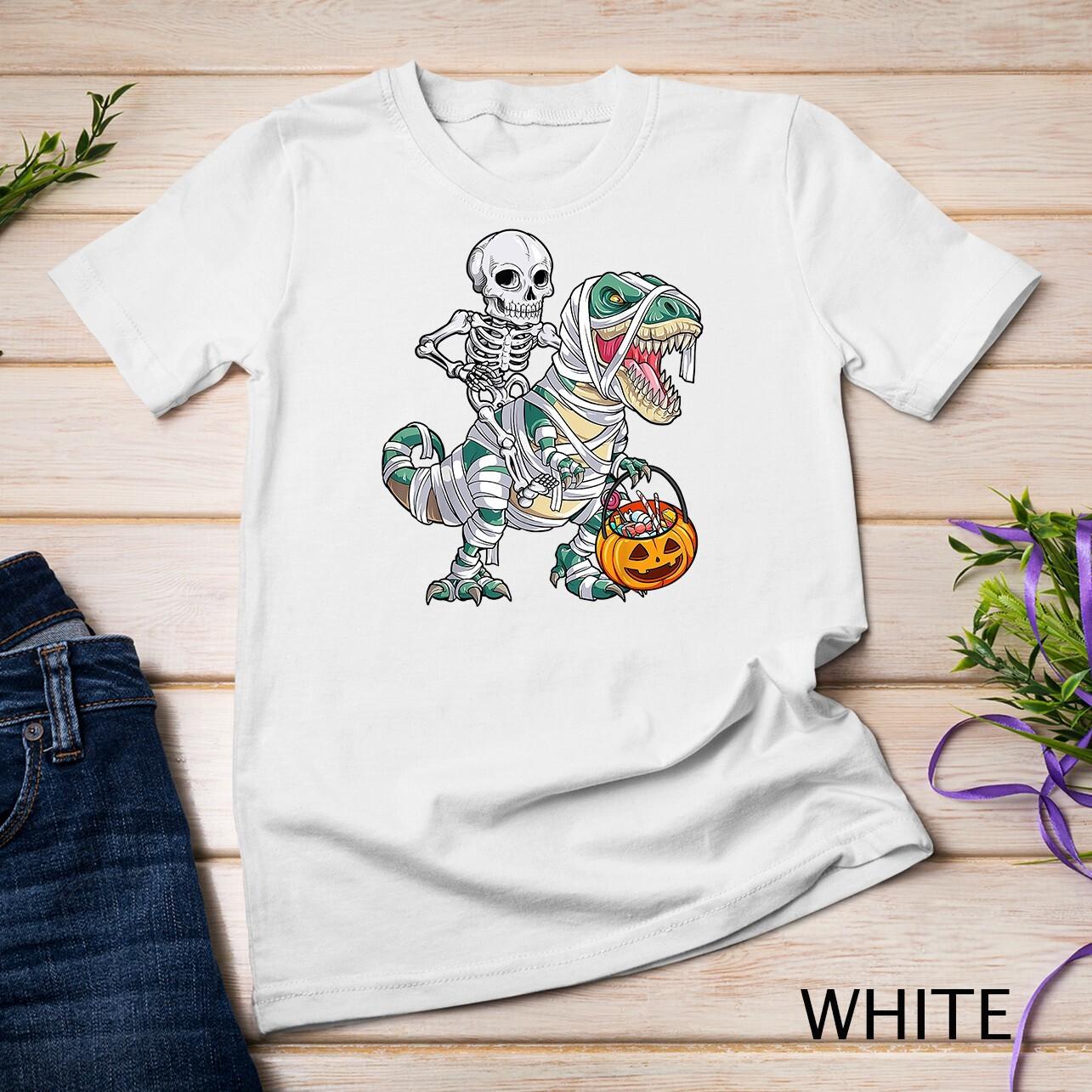 Skeleton Riding Mummy Dinosaur T Rex Halloween Kids Boys Men Unisex T-shirt S