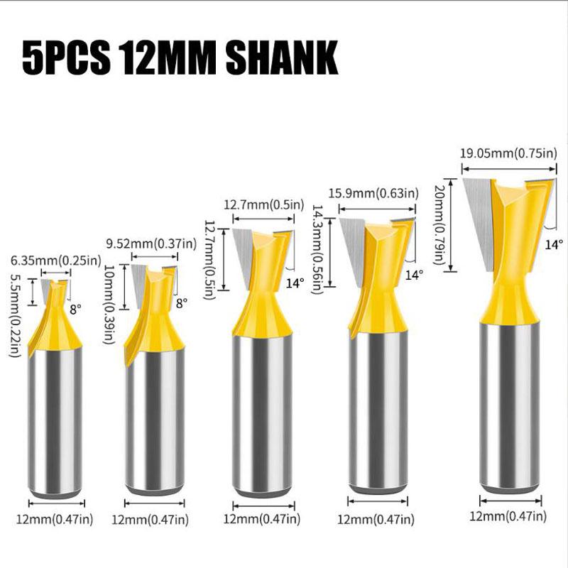 5 bucăți 12 mm 1/2 inch cu coadă de rândunică Set de freze pentru îmbinare freza pentru lemn, 14 grade