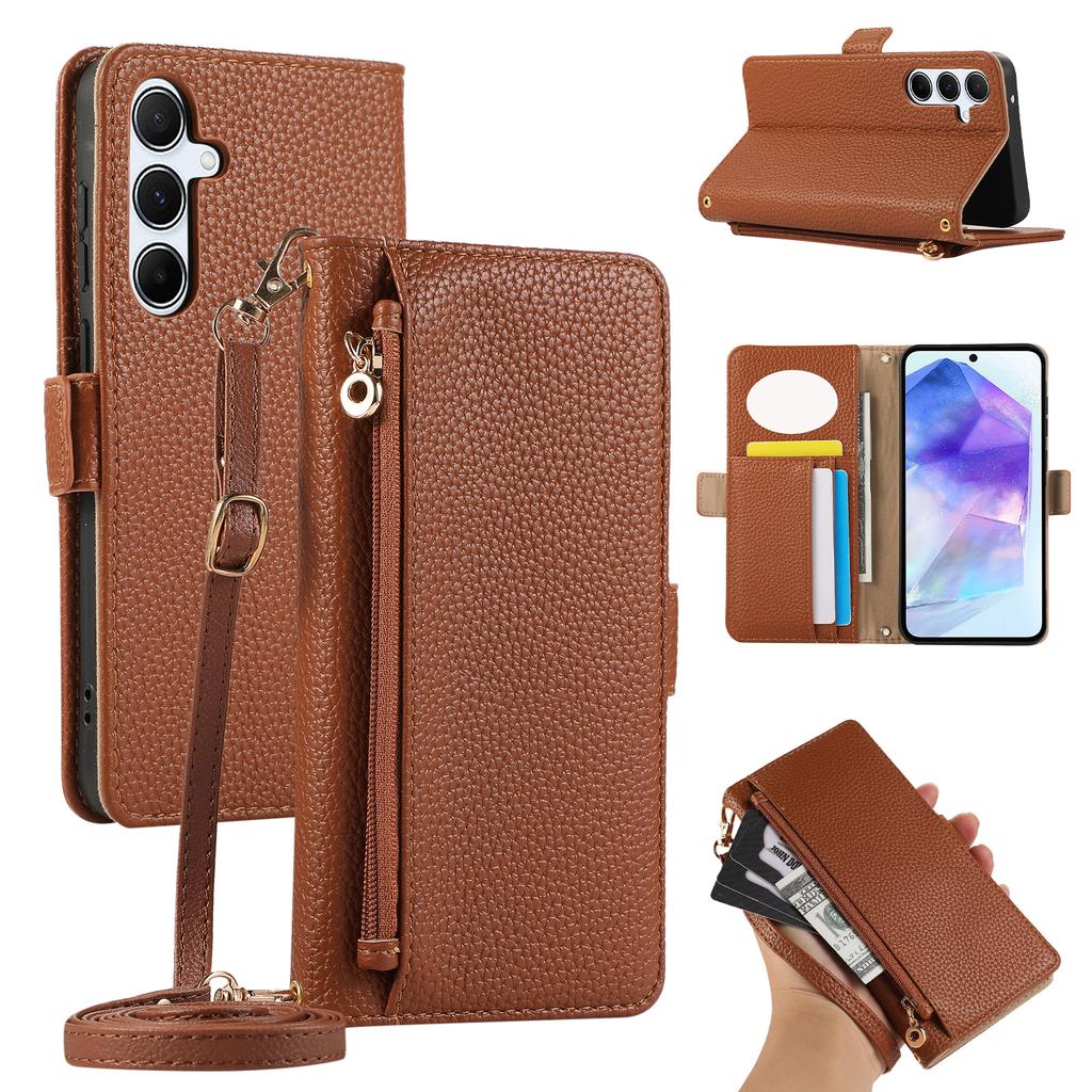 For Samsung Galaxy A55 5G Wallet Phone Case Shockproof TPU+PU Leather Flip Cover with Mirror,Strap