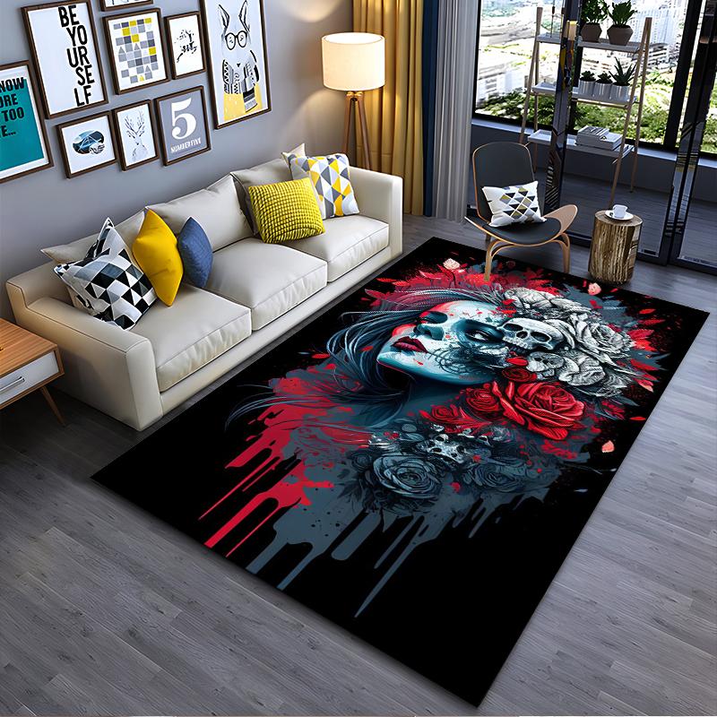 Mystical Skull and Roses Art Rug Non-slip rug suitable for living room and bedroom sofas.