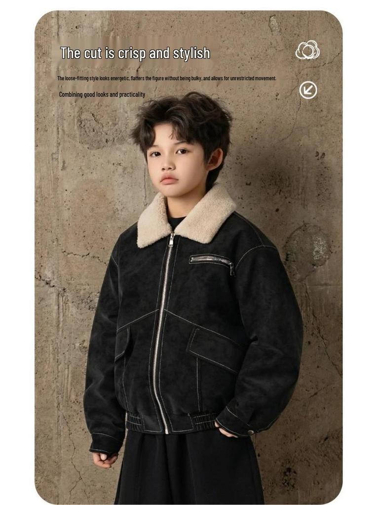 Kids' Fur Collar Leather Jacket with Fleece Lining - Thick Lapel Motorcycle Style for Boys, Winter Fashion.