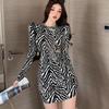Spring Lady Leopard Zebra Round Neck Tight  Long-sleeved Dress