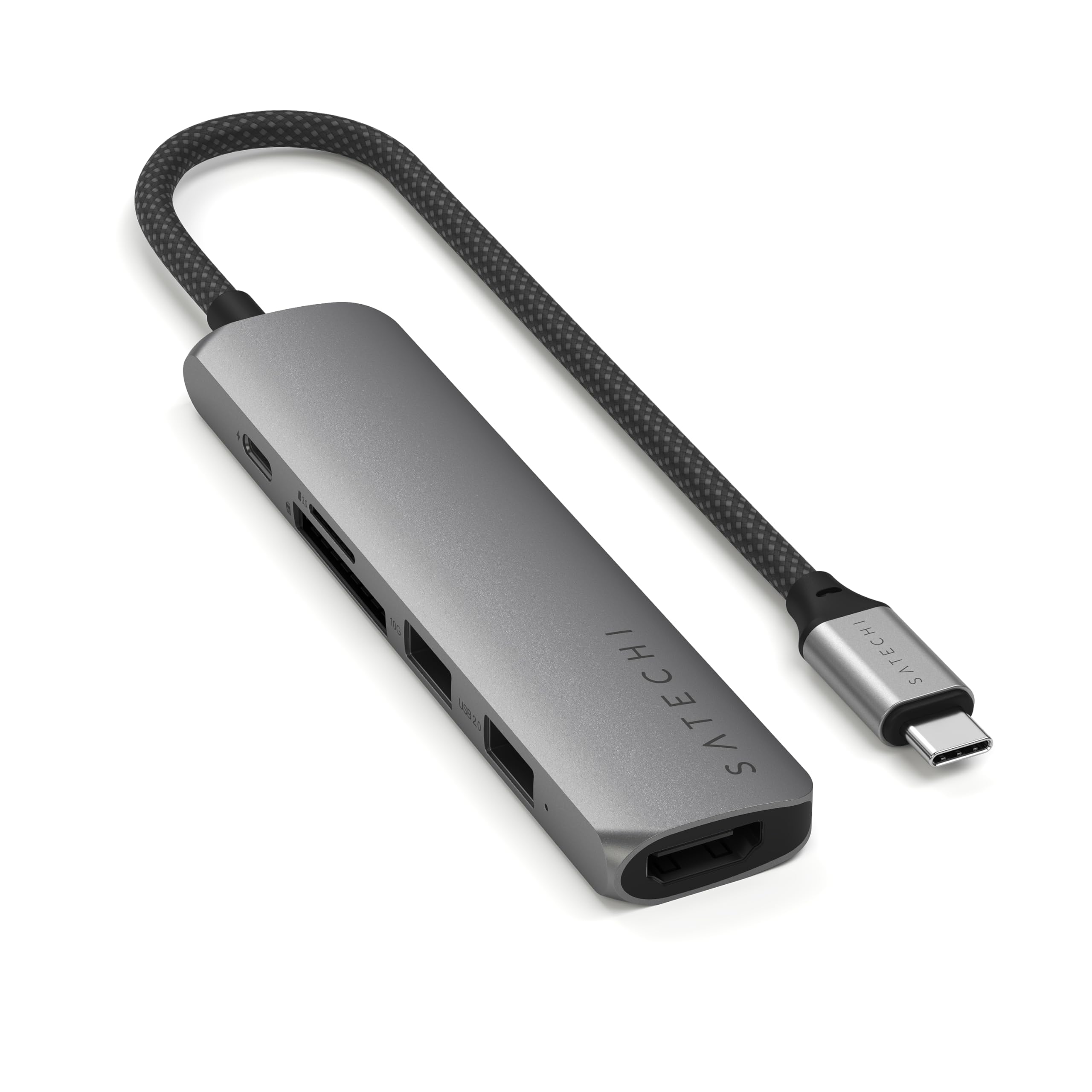 

SATECHI Hub Slim Plus Многопортовый 4K 100W PD 2 карты Совместим с USB-устройствами Адаптер USB-C 6-в-1, HDMI, Зарядка, Порты USB-A, Кардридер microSD/SD,
