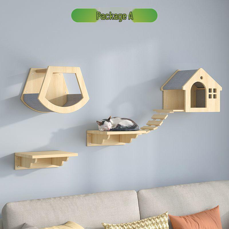 Wall-Mounted Solid Wood Cat Climbing Frame with Bed, Jumping Platform, and Scratching Post
