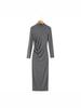 Elegant Women's High-Neck Pleated Long-Sleeve Dress: Autumn/Winter Inner Layer, Retro Yujie Style, Waist-Cinched, Hip-Hugging Long Skirt.