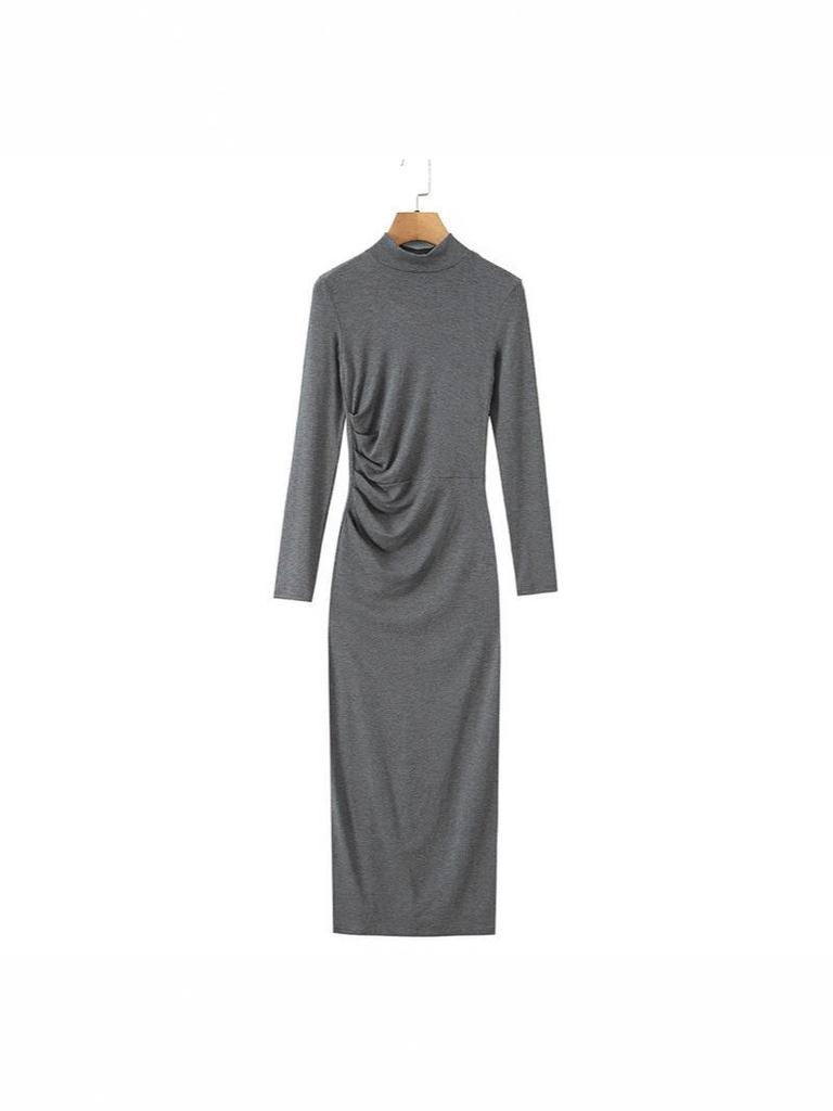 Elegant Women's High-Neck Pleated Long-Sleeve Dress: Autumn/Winter Inner Layer, Retro Yujie Style, Waist-Cinched, Hip-Hugging Long Skirt.