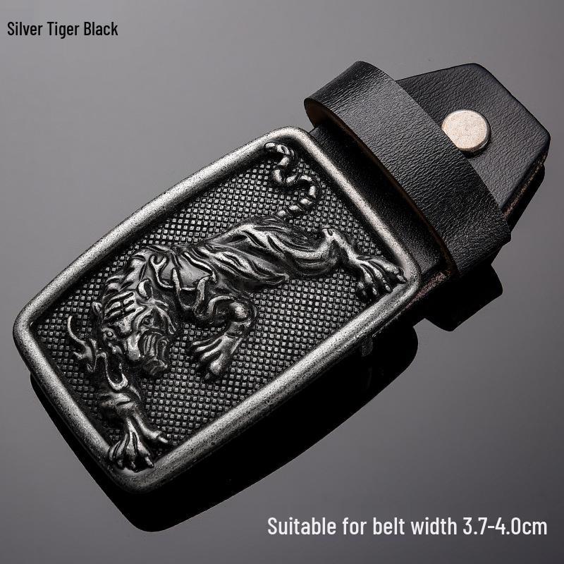 Tiger Head Alloy Western Cowboy Leather Belt with Smooth Buckle