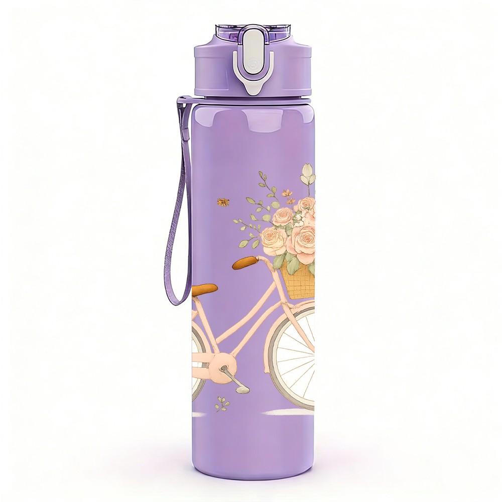 1PC Bicycle Wild Flower Art 750ml Color Plastic Sports Water Bottle Leakproof Flip Straw Lid Suitable for Sports Office Home Use