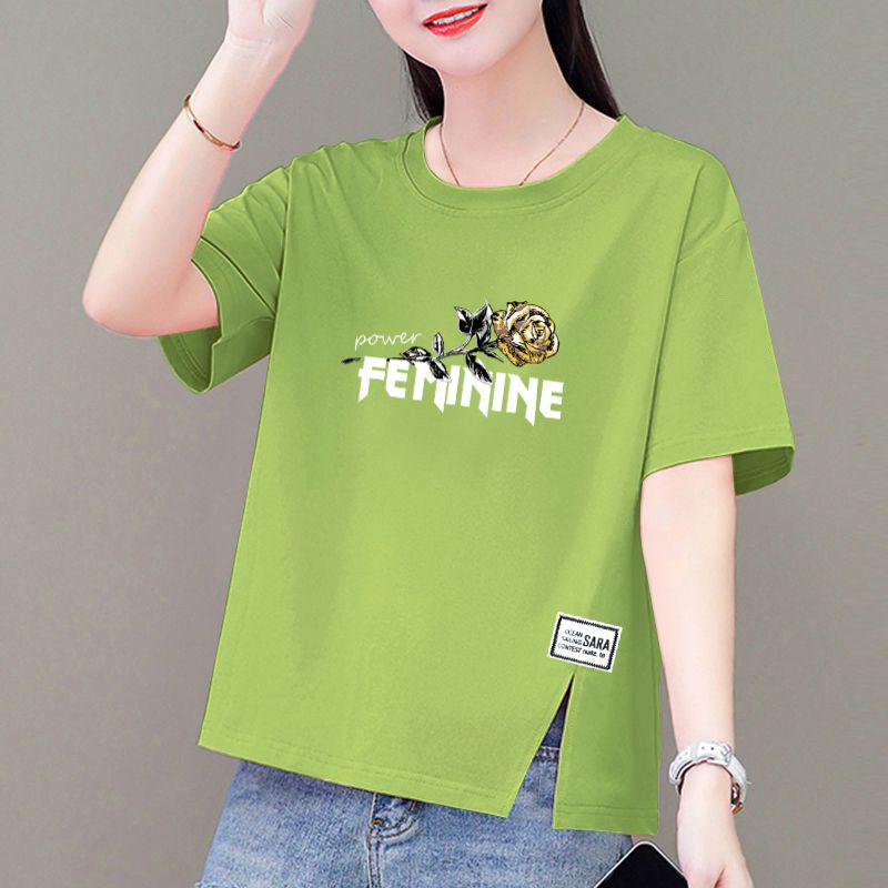 Korean Style Plus Size Loose Cotton Short-Sleeve Women's T-Shirt with Round Neck and Printed Design