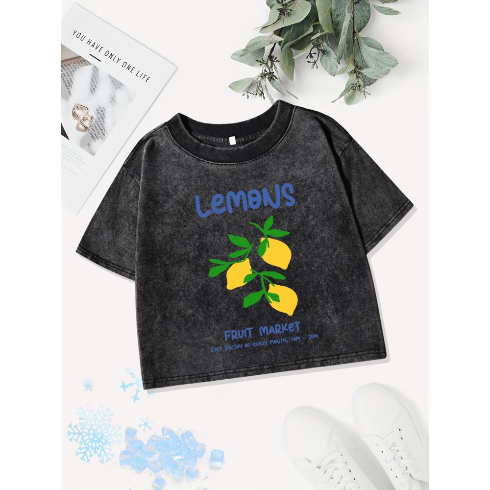 Casual Cotton Crop Tops Women Lemons Fruit Market Printed Washed T-Shirts Regular Fit Streetwear Street Clothes