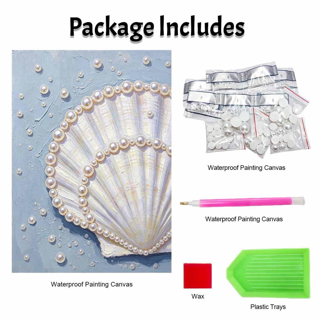Elegant Seashell with Pearls 5D Pearl Painting Kit with Frame DIY Sparkling Bead Canvas Art Relaxing Craft for Home Wall Decor