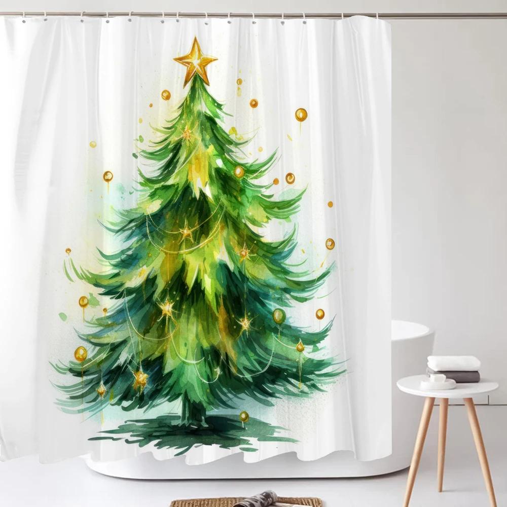 Christmas Shower Curtain Santa Claus Winter Christmas Tree Polyester Colorful Bath Curtain Home Bathroom Decor Curtain With Hook