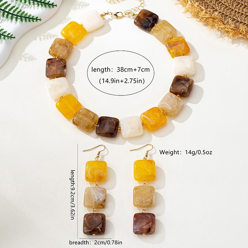 Beach Style Retro Amber Square Beaded Necklace for Women Earrings Accessories