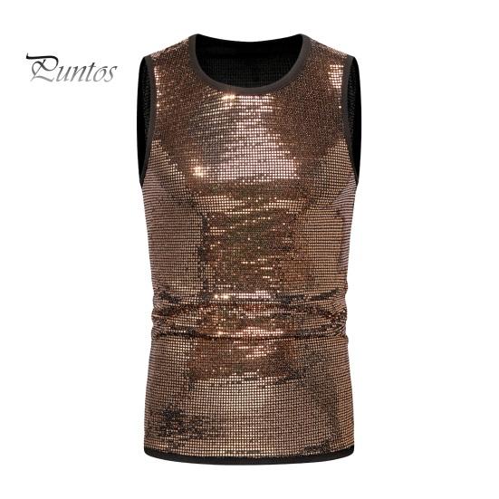

Летний мужской жилет, блестящий металлический жилет без рукавов с круглым вырезом, приталенный, эластичный, средней длины, пуловер на бретелях для выступлений в клубе, шоу на сцене S золотистый