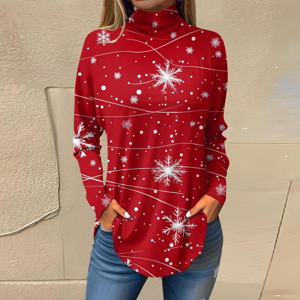 Women's Fashionable Loose-Fit High-Neck T-Shirt With Christmas Print Long-Sleeved Top
