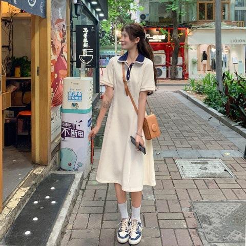 Academy style splicing button color matching polo collar dress high-end temperament women's A word medium and long dress