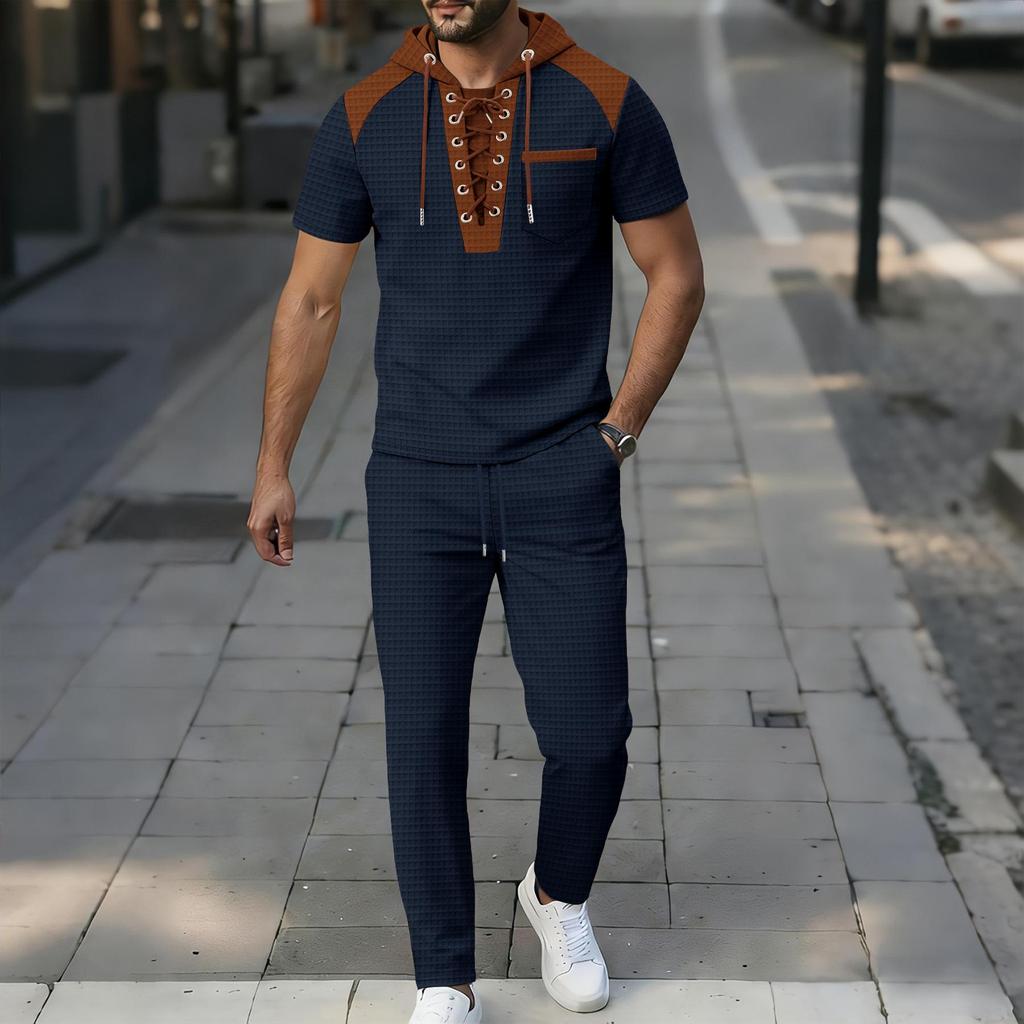 Men's Summer Hooded Drawstring Casual Sport Two-Piece Set