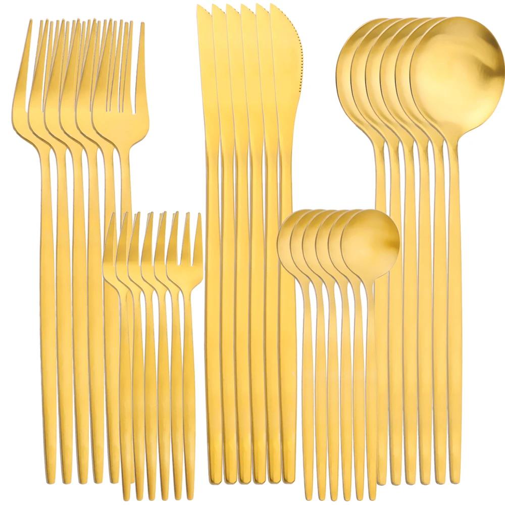 30Pcs Dinnerware Set Stainless Steel Flatware Matte Gold Cutlery Set Cake Fruit Fork Kitchen Knife Fork Spoon Tableware Set