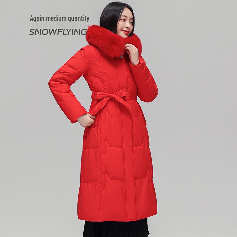 SNOWFLYING Women's Long Fox Fur Collar Down Jacket with Belt