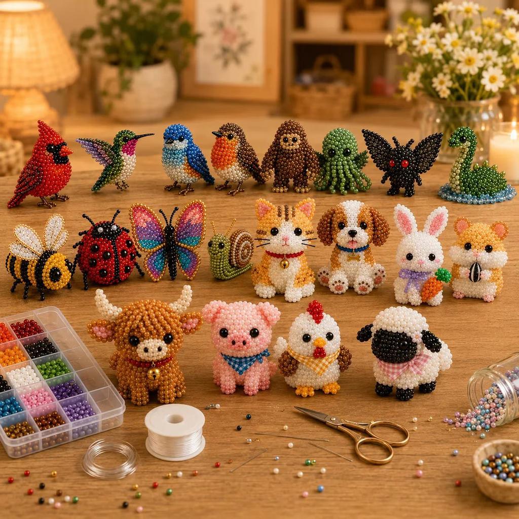 3D Perlen-Tier-Set DIY Tiere Set Enthält Materialien und Anleitungen zur Herstellung von vier Tierfiguren Geeignet für Anfänger und Hobbybastler