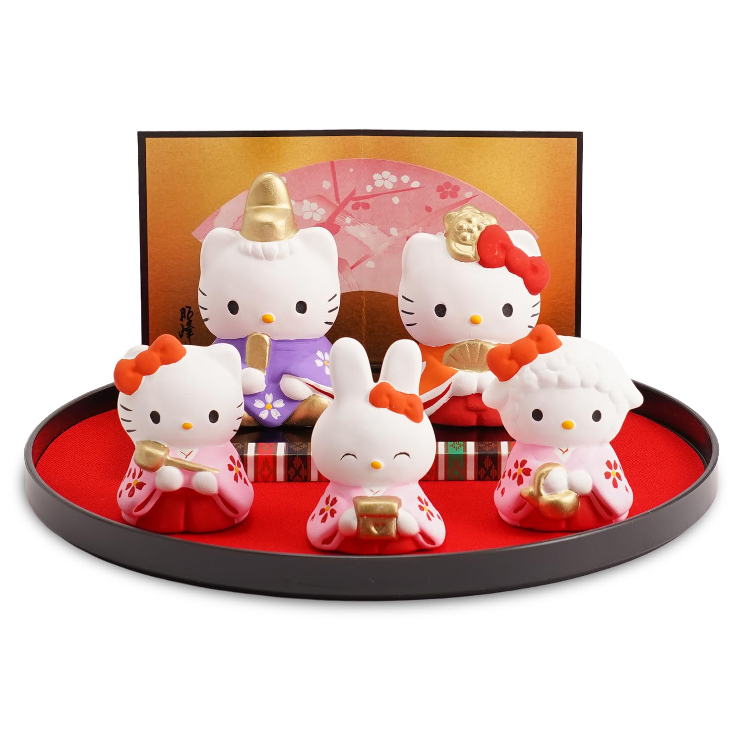 Fukubeya Seto Ware Hello Kitty Decorative Hina Set of Ceramic Hina with Folding Screen and Perfect for Hinamatsuri Seasonal Decorations Dolls, 5,