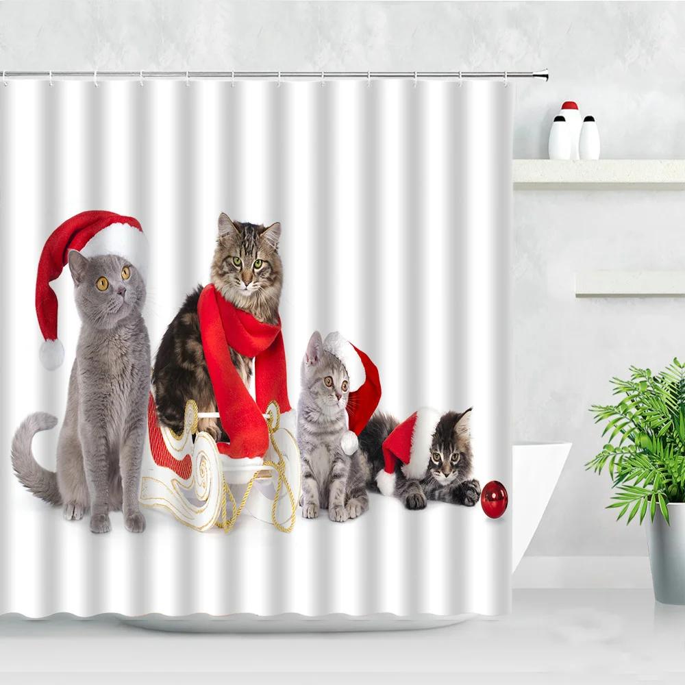 Funny Animal Christmas Dog Shower Curtains Chic Cute Pet New Year Xmas Bath Curtain With Hooks Waterproof Fabric Bathroom Decor