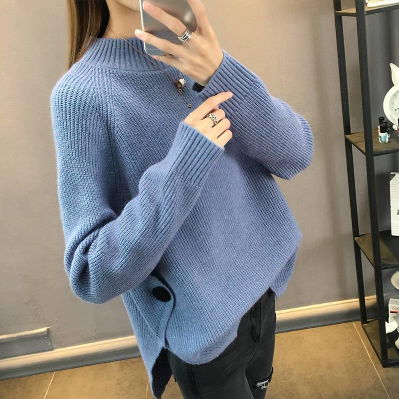 Women's Korean Style Long Sleeve Knit Sweater - Half High Collar, Loose, Thickened, Perfect for Autumn/Winter.
