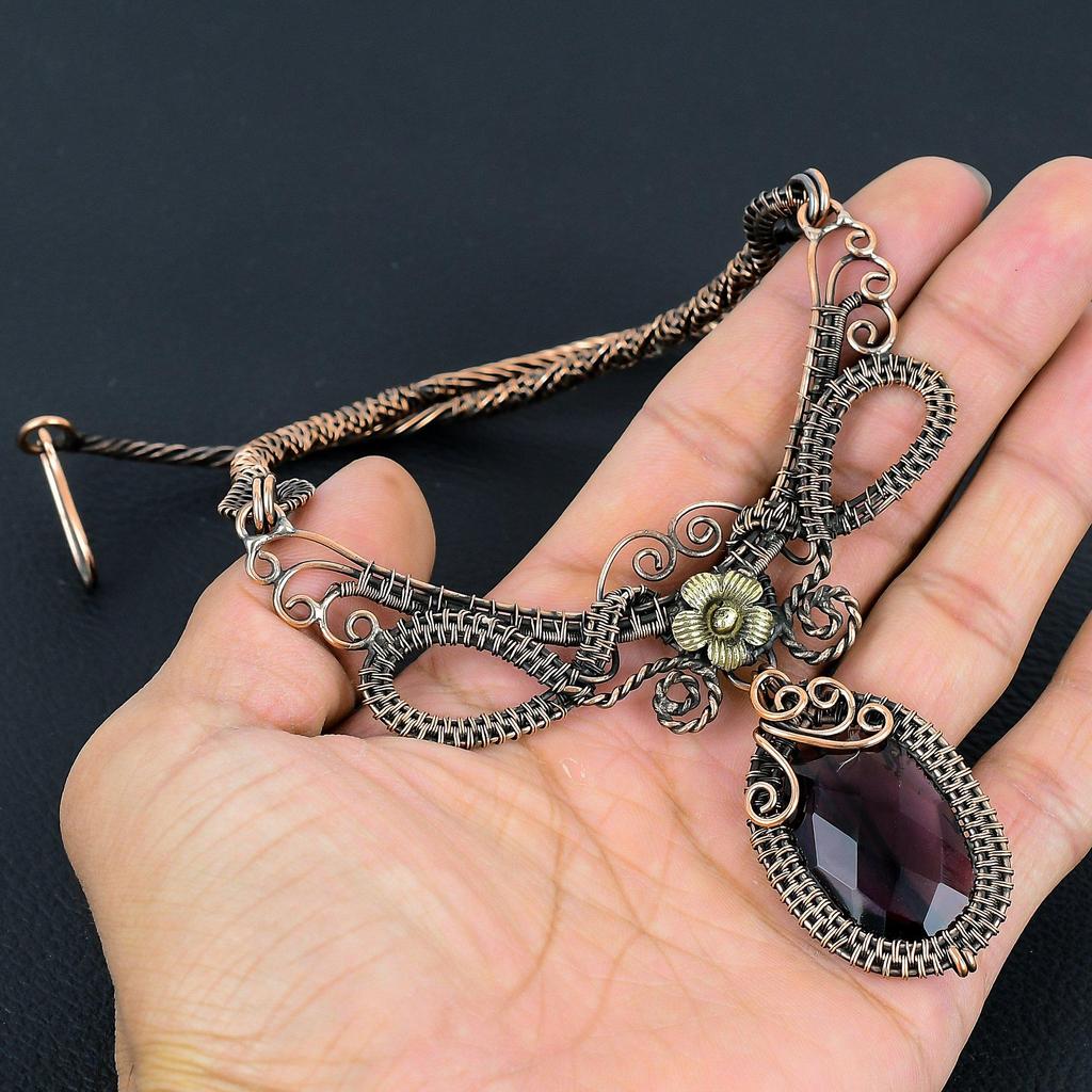 Amethyst Necklace Handmade Jewelry, 999 Copper Wire Wrapped Necklace Designer Gemstone Jewelry Adjustable Chain Necklace Gift For Mom