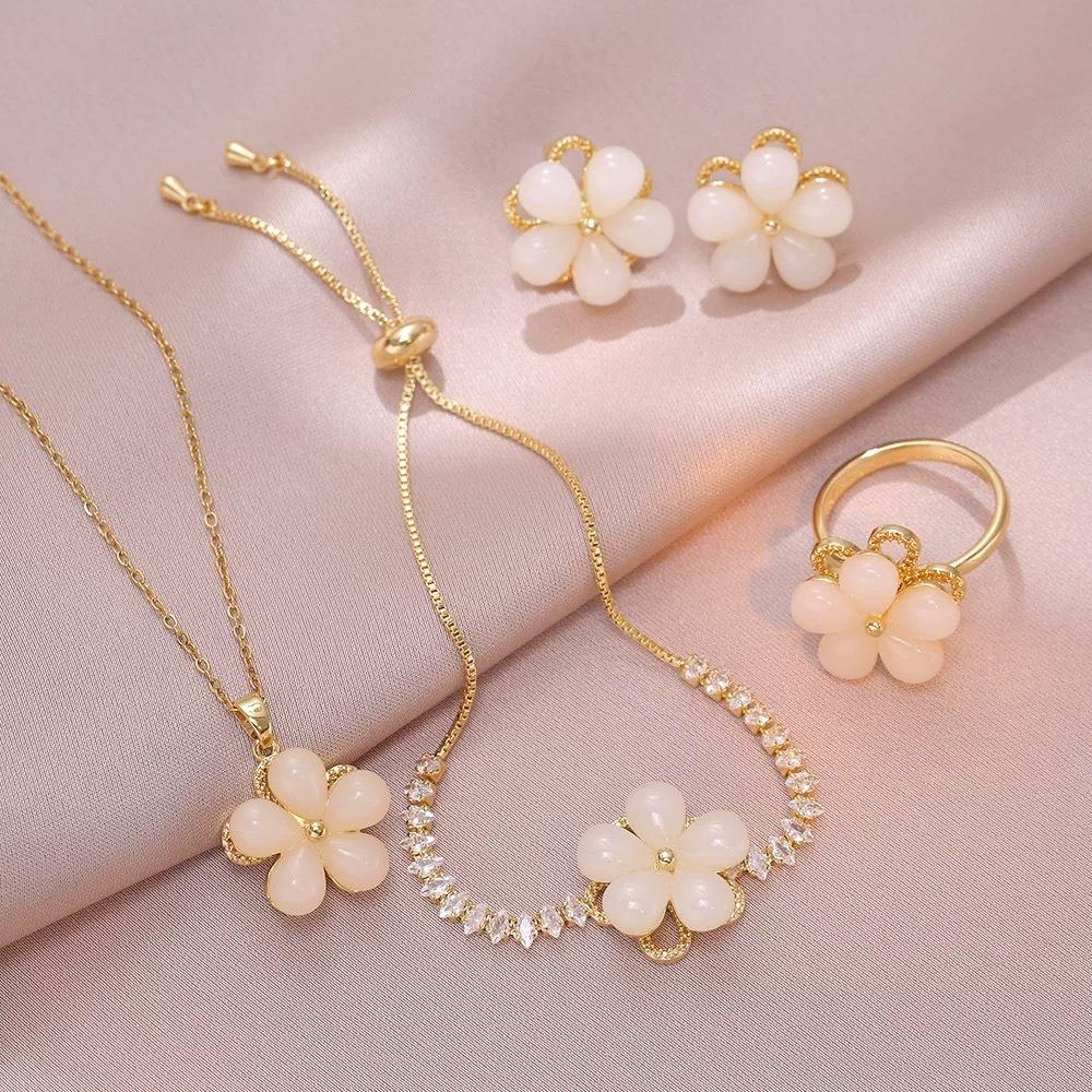 Korean Style Spinning Zircon Necklace Rhinestone Jewelry Set Women Finger Ring Friend Gifts