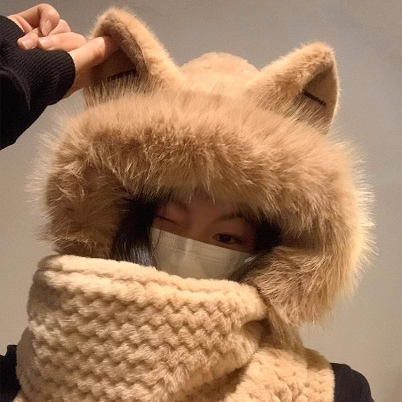 Cute Fox Ears Plush Hat Scarf Integrated Women's Winter Warmth and Cold Protection Ear Protection Thickened Gloves Three-piece Set