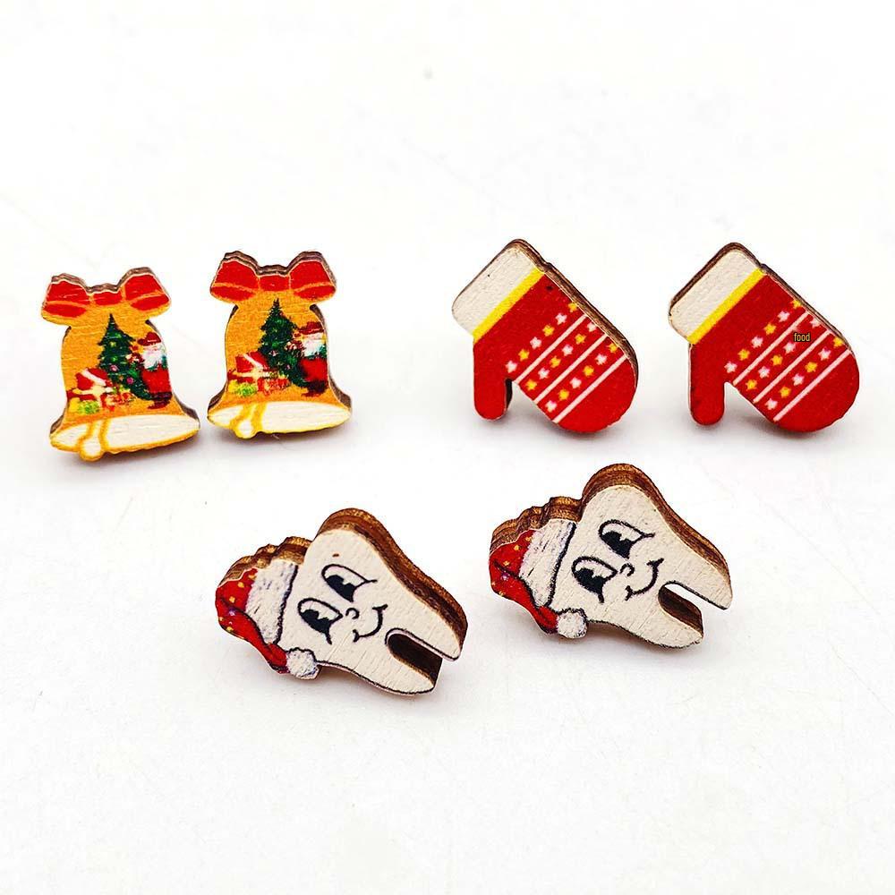 Christmas Wooden Stud Earrings Set: Bell, Santa Hat, and Gloves - Festive Holiday Jewelry Trio