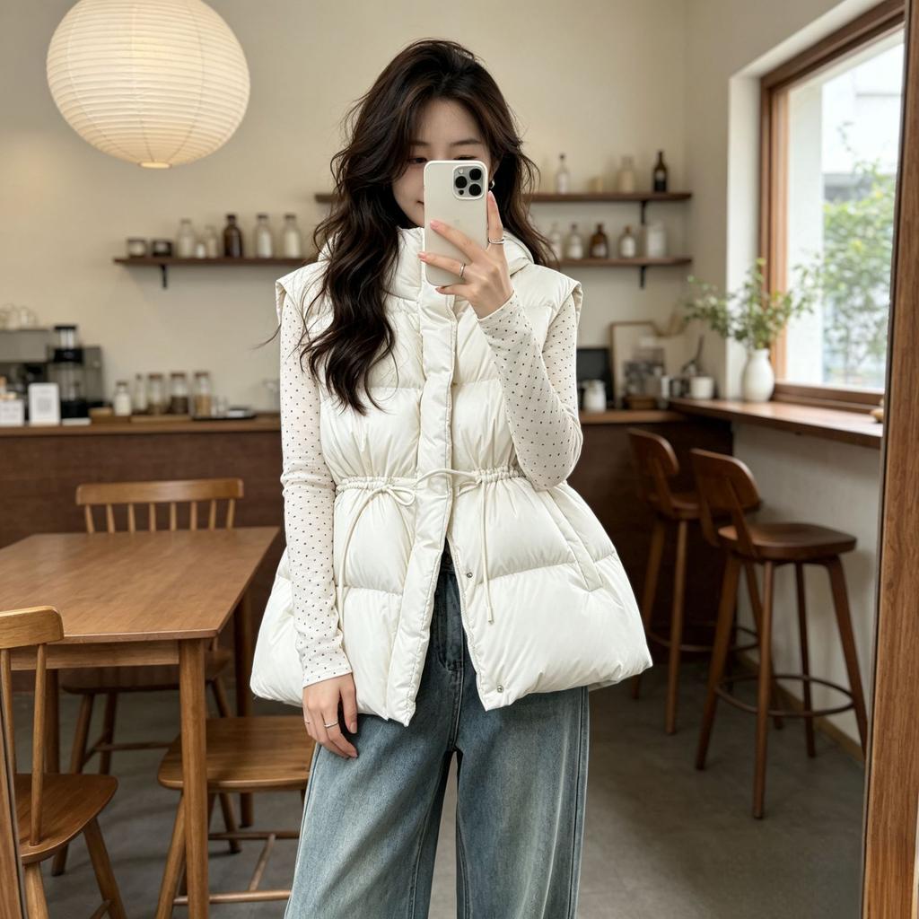 European winter new down cotton drawstring cotton vest women's medium and long warm waist slim vest jacket