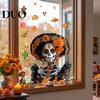 Easy Install Window Pavement Day of The Dead Clings, Halloween Double-Sided Skull Sticker, Ethnic Pattern Wall Art Colorful Flower Skeleton