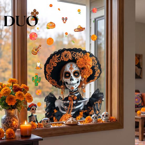 Easy Install Window Pavement Day of The Dead Clings, Halloween Double-Sided Skull Sticker, Ethnic Pattern Wall Art Colorful Flower Skeleton