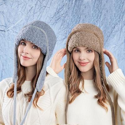Damen Herbst Winter Warme Strickmütze mit Ohrenschutz Kältebeständig Kunstfell Haar Bombermütze Outdoor Radfahren Süße Niedliche Lei Feng Mütze