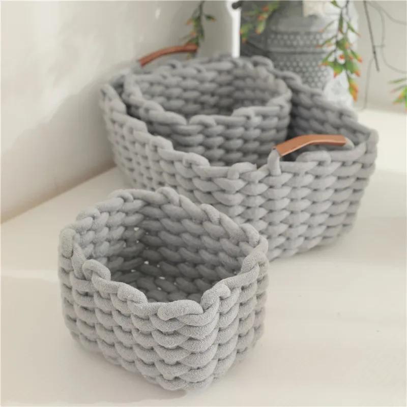 Cotton Rope Woven Storage Basket with Handle Sundries Cosmetic Storage Box Toys Snack Desktop Makeup Organizer Cotton Baskets