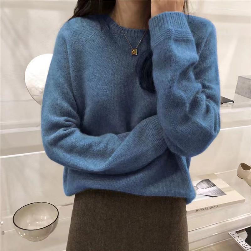 

Spring and Autumn basic sweater soft waxy foreign shoulder sleeves solid color round neck pullover sweater women s loose lazy style 2044-21 (one size) синій