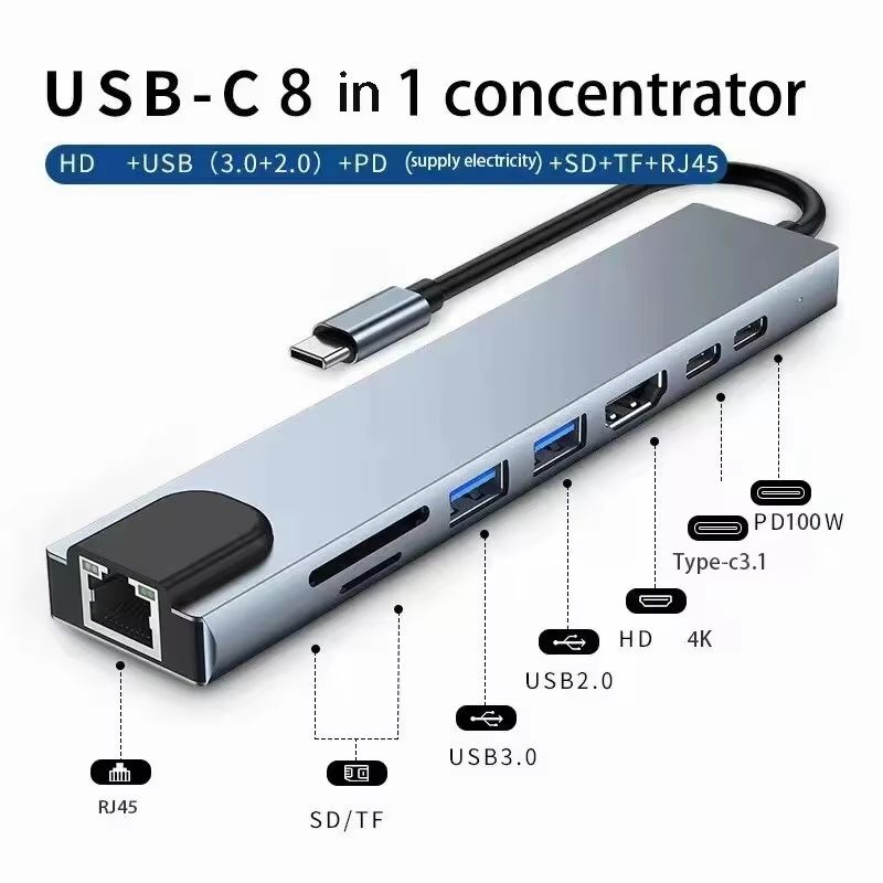 

USB C-концентратор 8 в 1, тип C 3.1 – 4K HDMI, адаптер із RJ45 SD/TF-кардрідером PD Fast Charge для портативного комп’ютера MacBook сірий колір